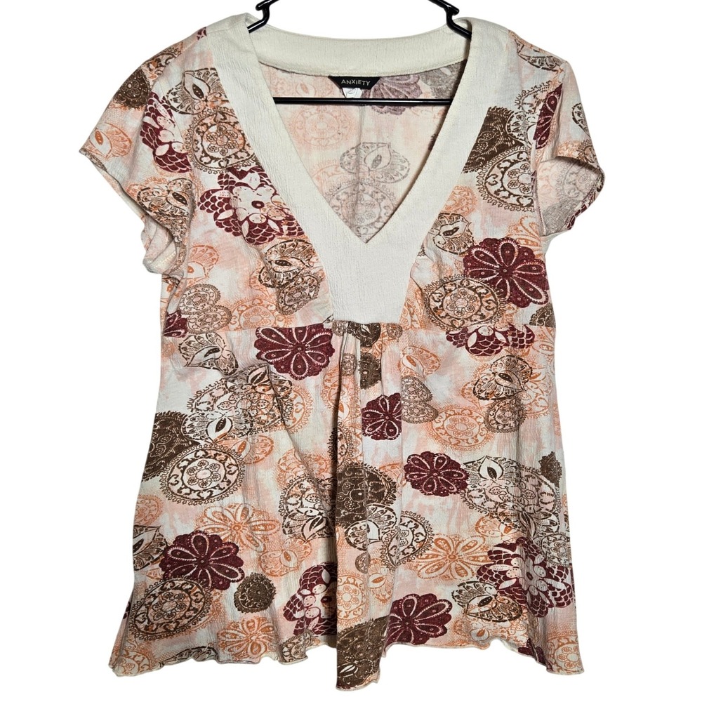 Anxiety Women Floral Paisley Babydoll Top Large Y2K Boho Cottage Festival Summer